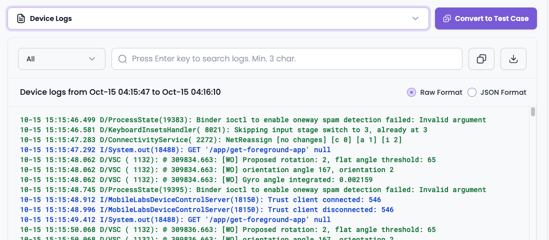 Device Logs selected in Session Explorer