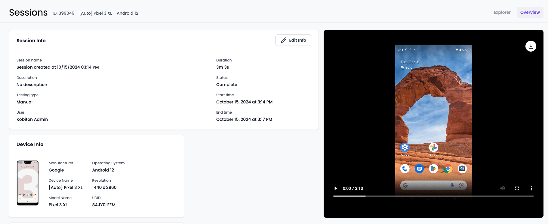 Session Overview to verify the content of the session