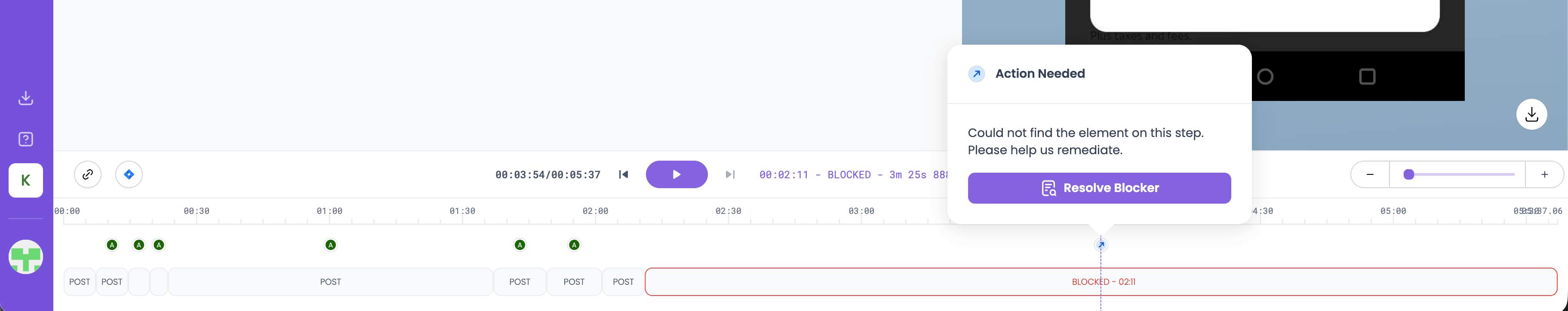 Session Timeline with a red blocker icon and Resolve Blocker option