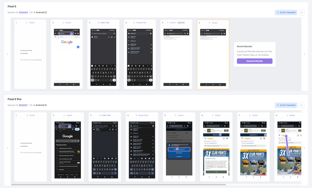 Camera Roll view showing Test Case steps alongside executed steps